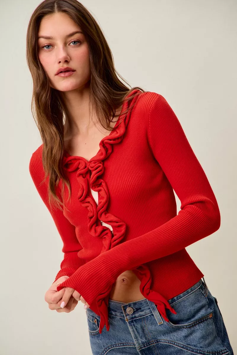 SO ME Cascade Ruffle Ribbed Sweater Cardgian - Image 29