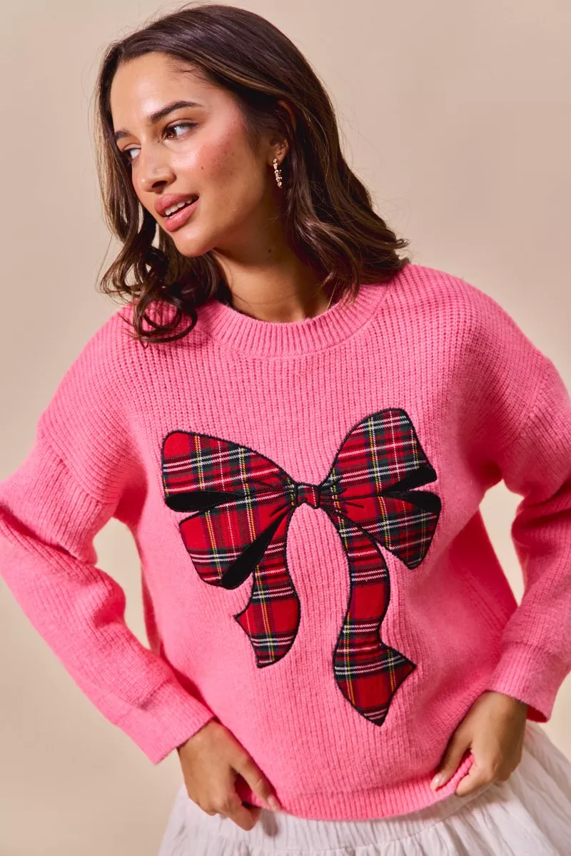 SO ME Checker Plaid Ribbon Christmas Holiday Sweater - Image 3