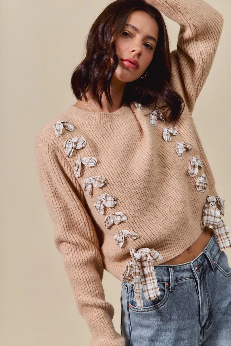 SO ME Checkered Plaid Tape Lace Up Ribbed Sweater - Image 2