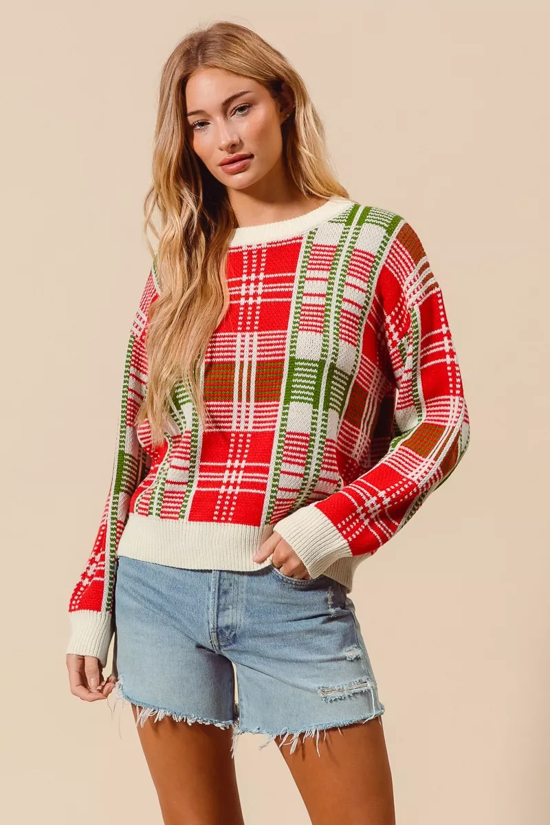 SO ME Christmas Color Checkered Plaid Crew Neck Sweater - Image 10