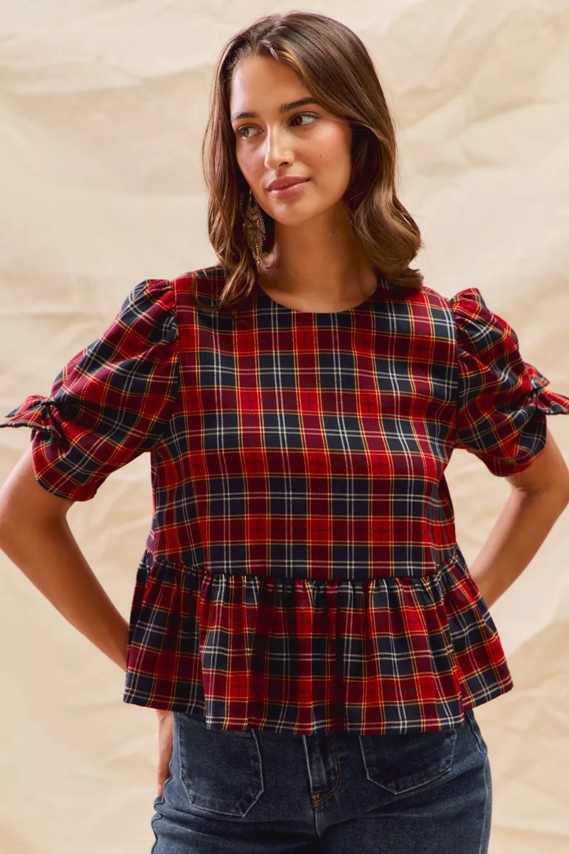 SO ME Christmas Holiday Plaid Ribbon Short Sleeves Top - Image 8