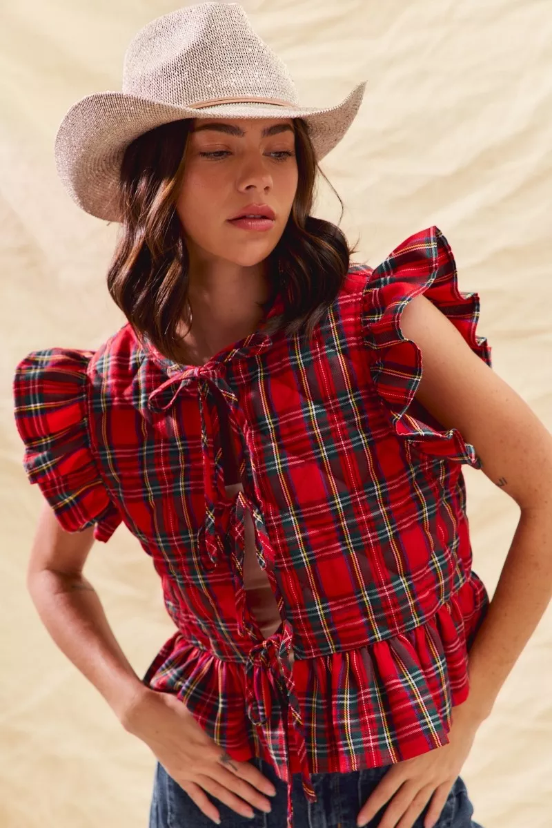 SO ME Christmas Holiday Plaid Ruffled Quilt Vest Top - Image 9