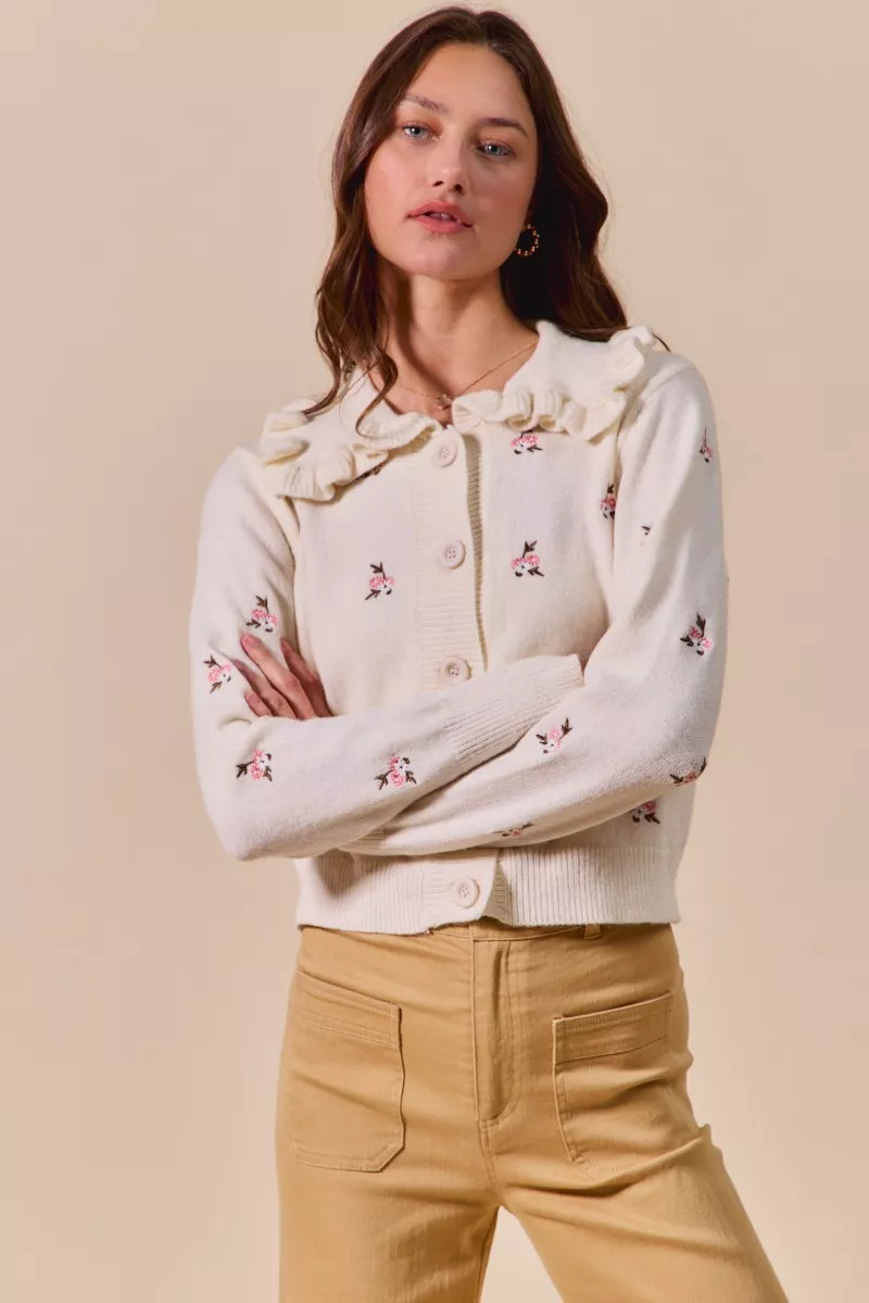 SO ME Collared Floral Embroidered Button Down Sweater Cardigan - Image 5