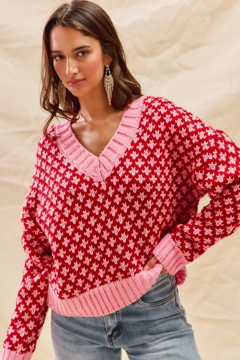 SO ME Color Block Textured Christmas Sweater V Neck Top - Image 3
