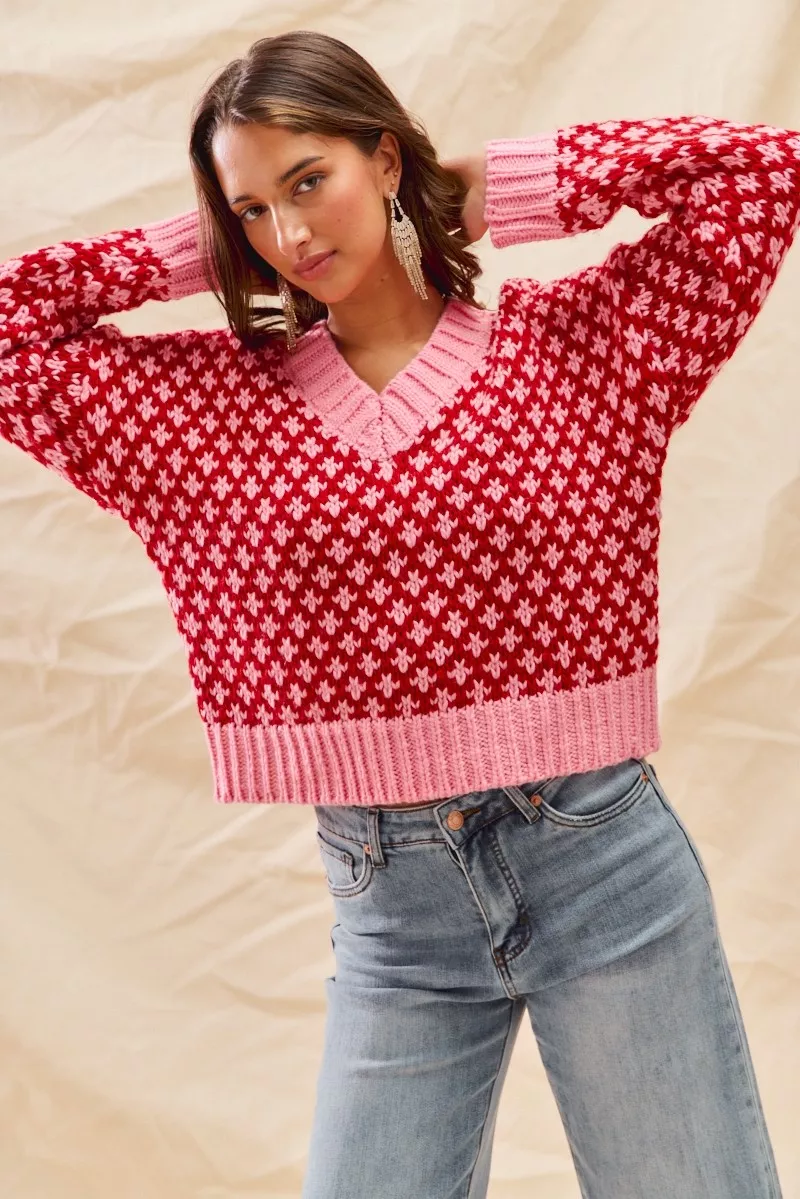 SO ME Color Block Textured Christmas Sweater V Neck Top - Image 5