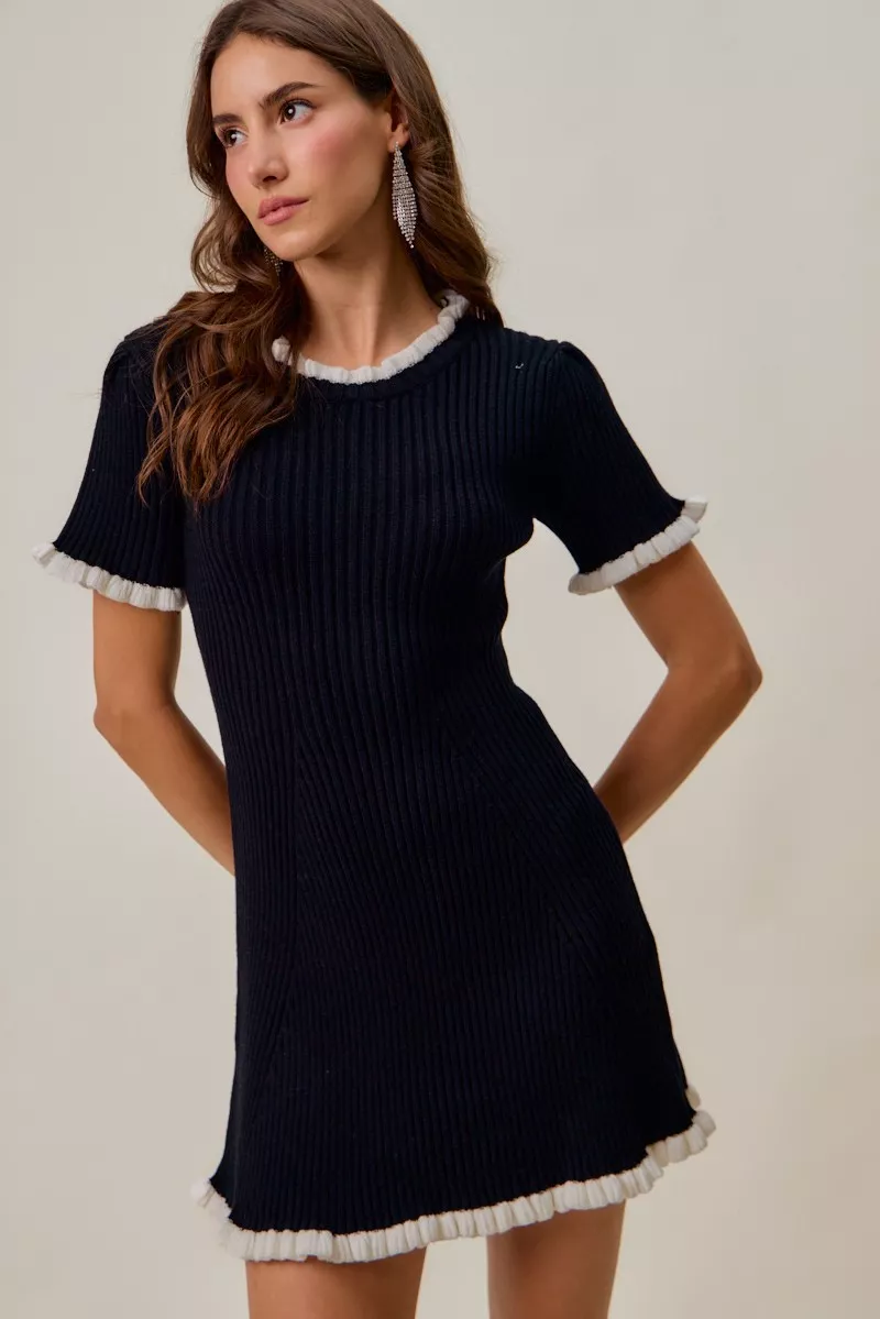 SO ME Contrast Ruffled Sweater Knit Mini Dress - Image 2