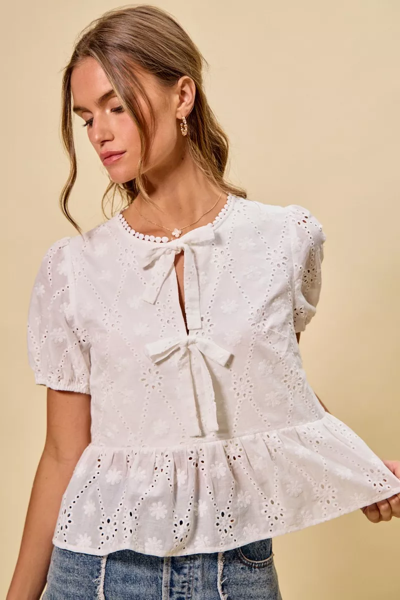 SO ME Cotton Eyelet Front Tie Short Sleeves Blouse - Image 12