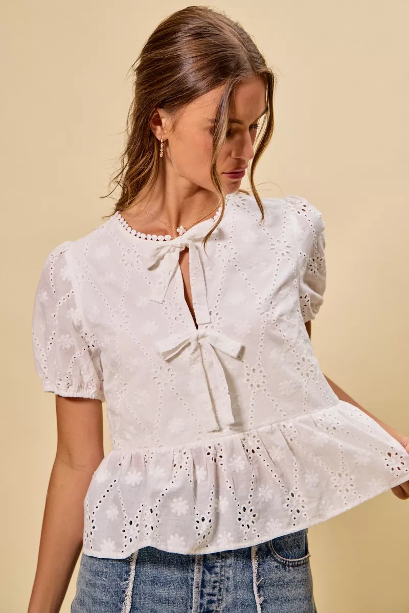 SO ME Cotton Eyelet Front Tie Short Sleeves Blouse - Image 18