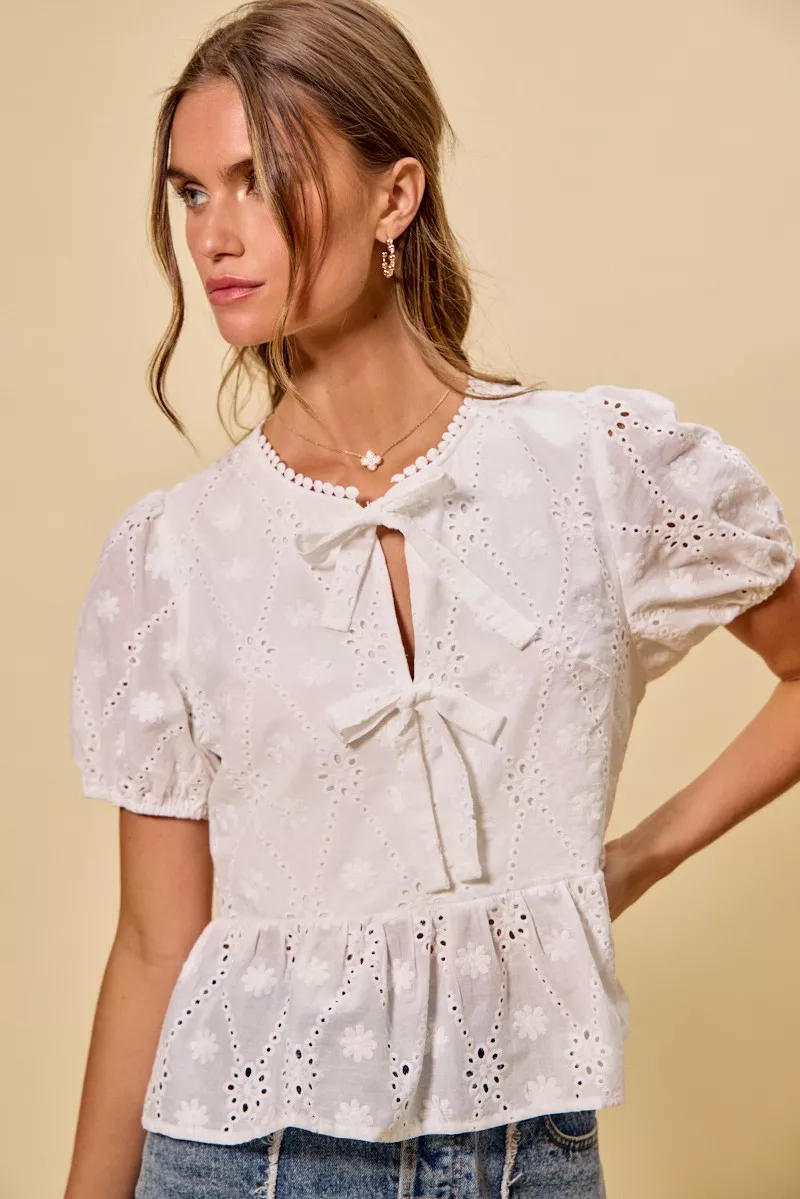 SO ME Cotton Eyelet Front Tie Short Sleeves Blouse - Image 4