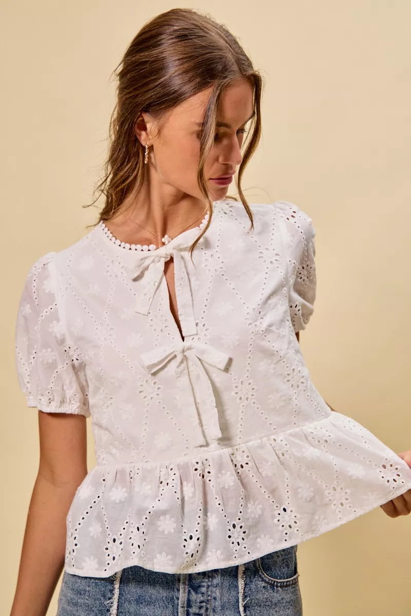 SO ME Cotton Eyelet Front Tie Short Sleeves Blouse - Image 5