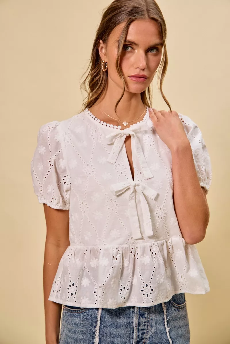 SO ME Cotton Eyelet Front Tie Short Sleeves Blouse - Image 7