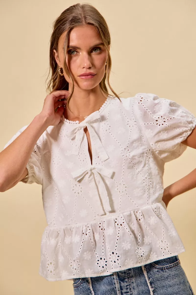 SO ME Cotton Eyelet Front Tie Short Sleeves Blouse - Image 8