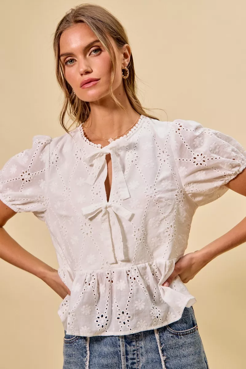 SO ME Cotton Eyelet Front Tie Short Sleeves Blouse - Image 9