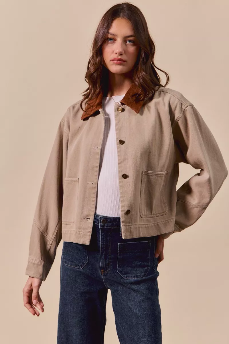 SO ME Cotton Twill Cropped Barn Jacket wtih Collar - Image 6