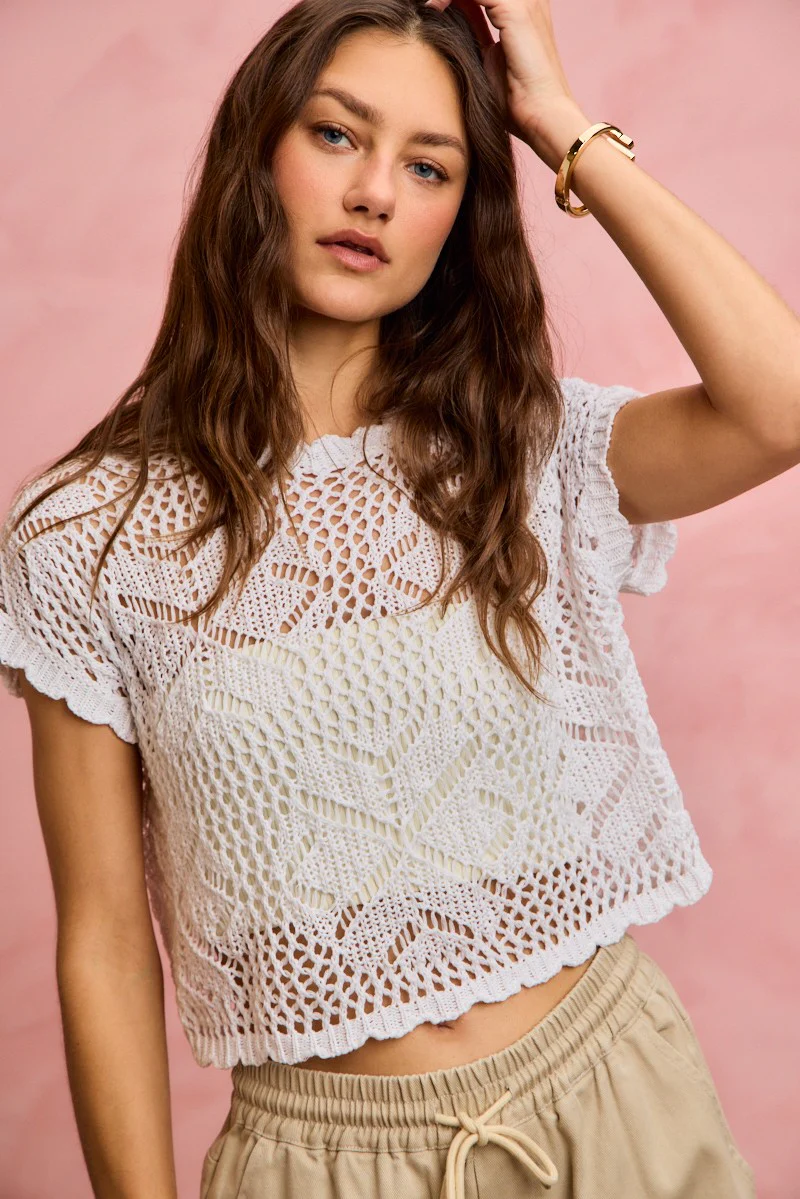 SO ME Crochet Scallop Edge Short Sleeves Knit Cover Up - Image 2