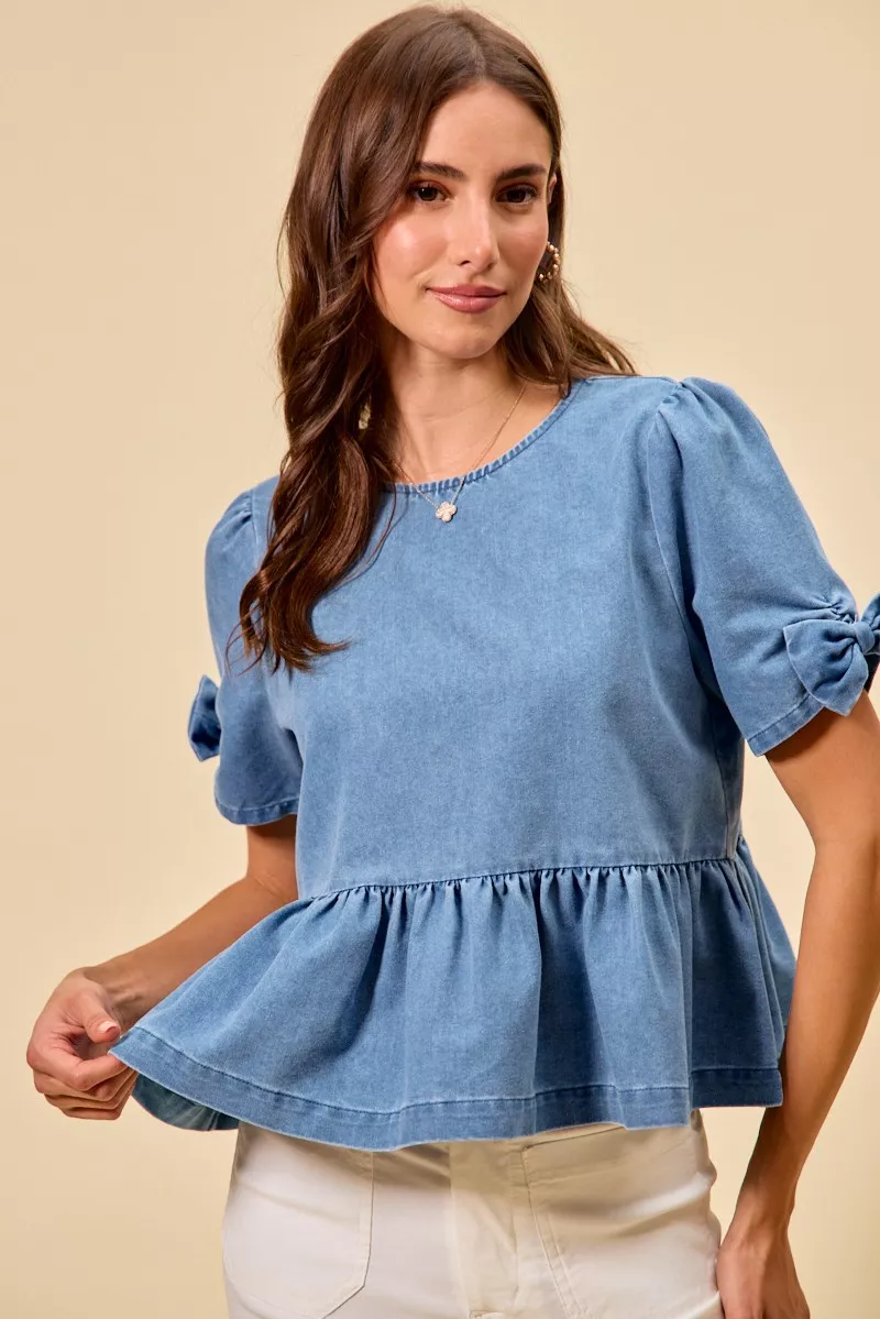 SO ME Denim Bow Detail Short Sleeves Peplum Top - Image 2