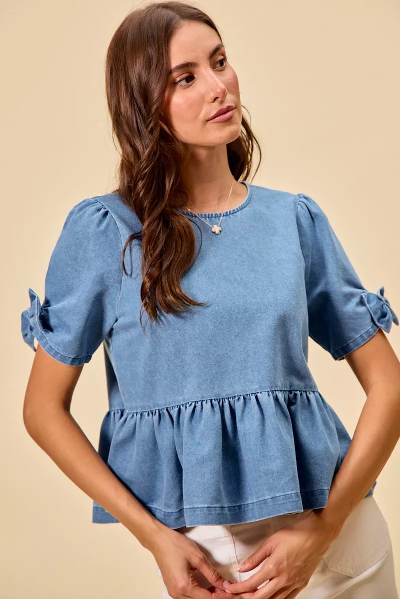 SO ME Denim Bow Detail Short Sleeves Peplum Top - Image 9