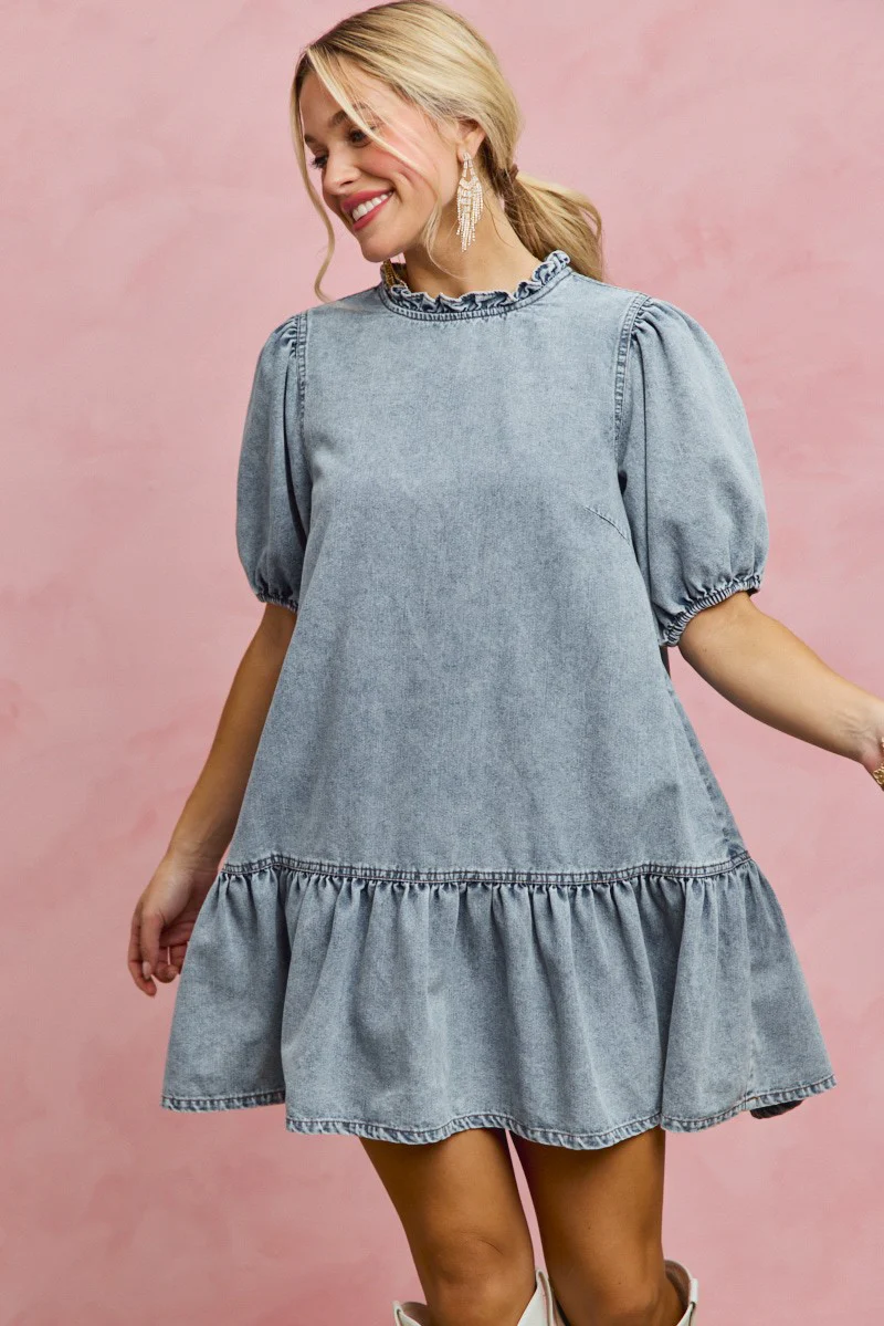SO ME Denim Short Sleeves Mini Tiered Dress - Image 11