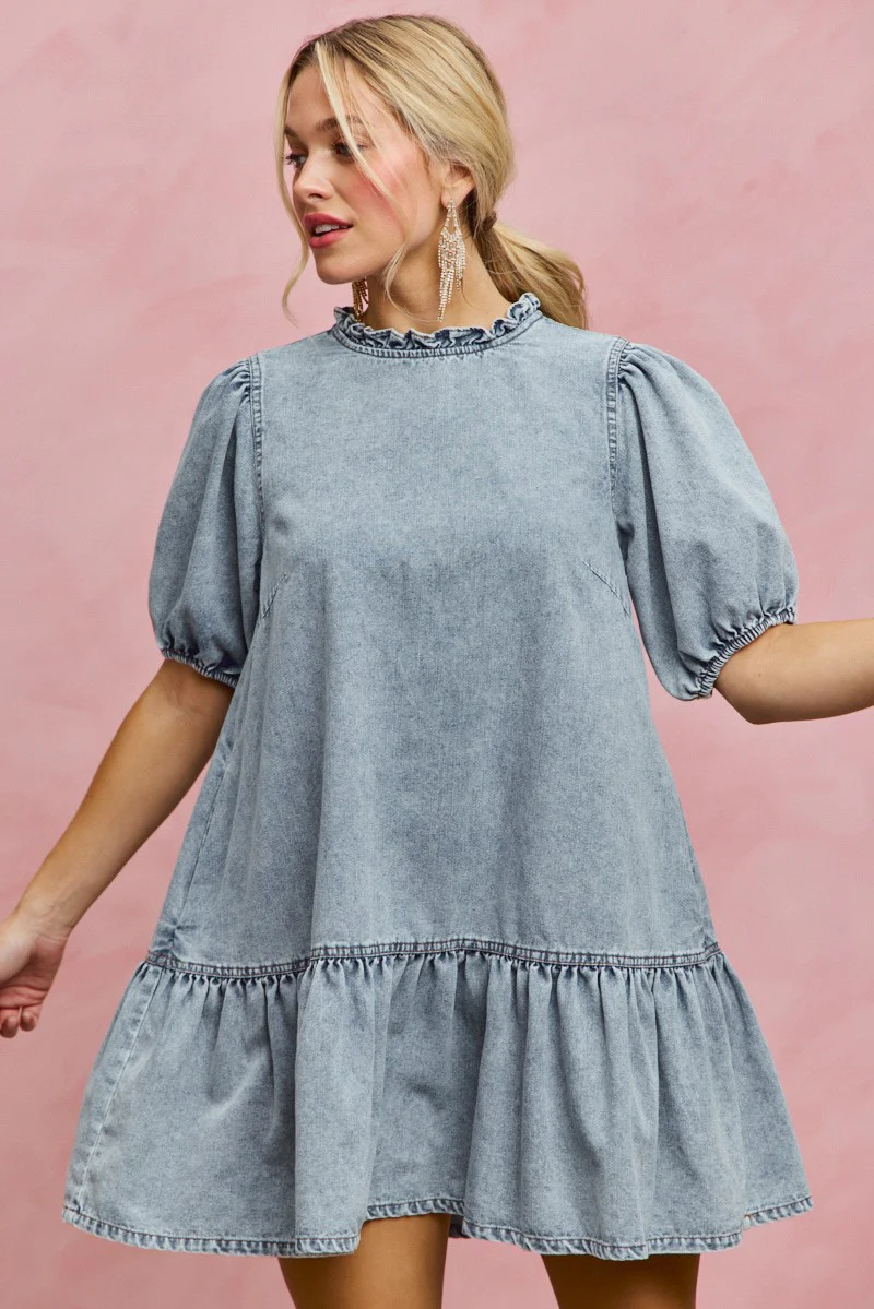 SO ME Denim Short Sleeves Mini Tiered Dress - Image 2