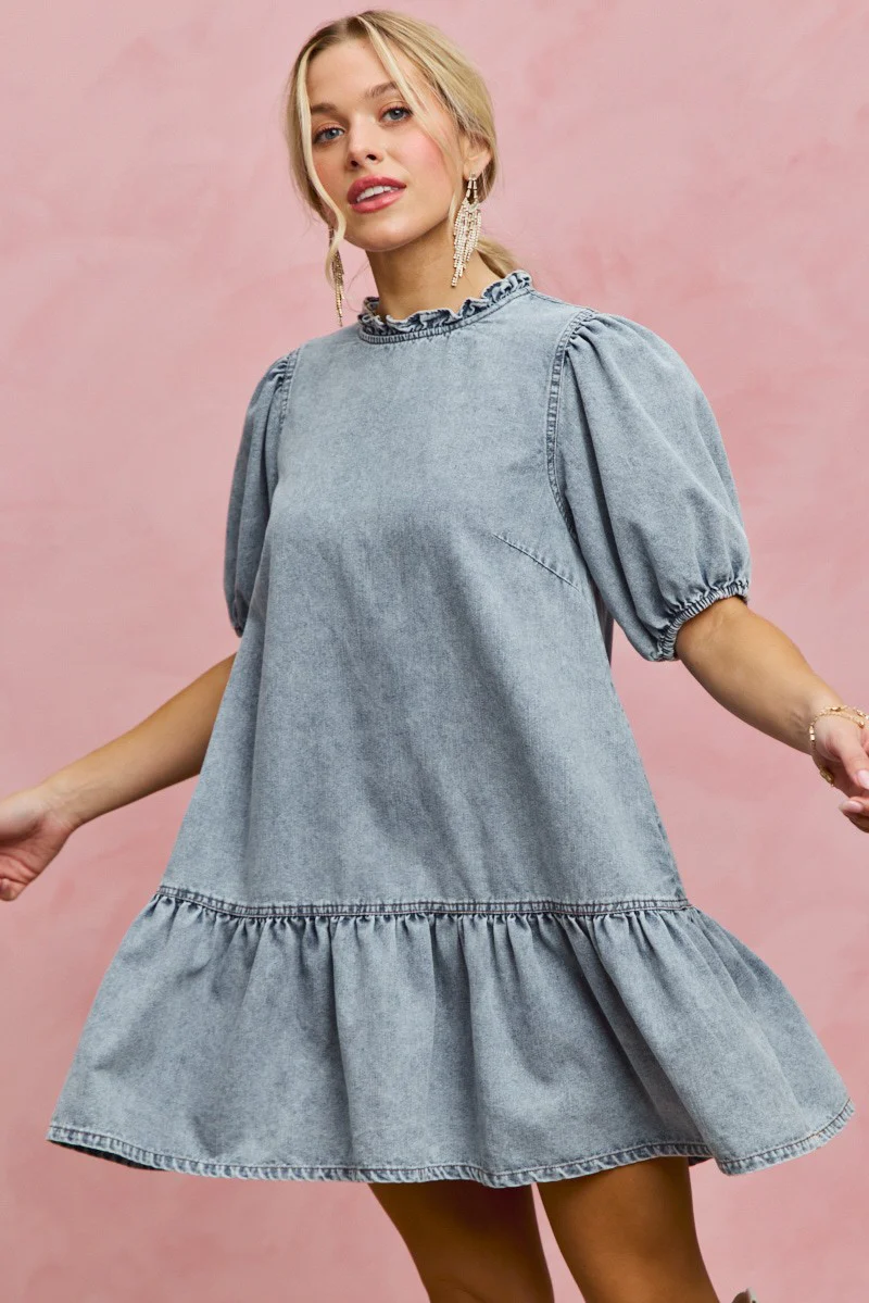 SO ME Denim Short Sleeves Mini Tiered Dress - Image 3