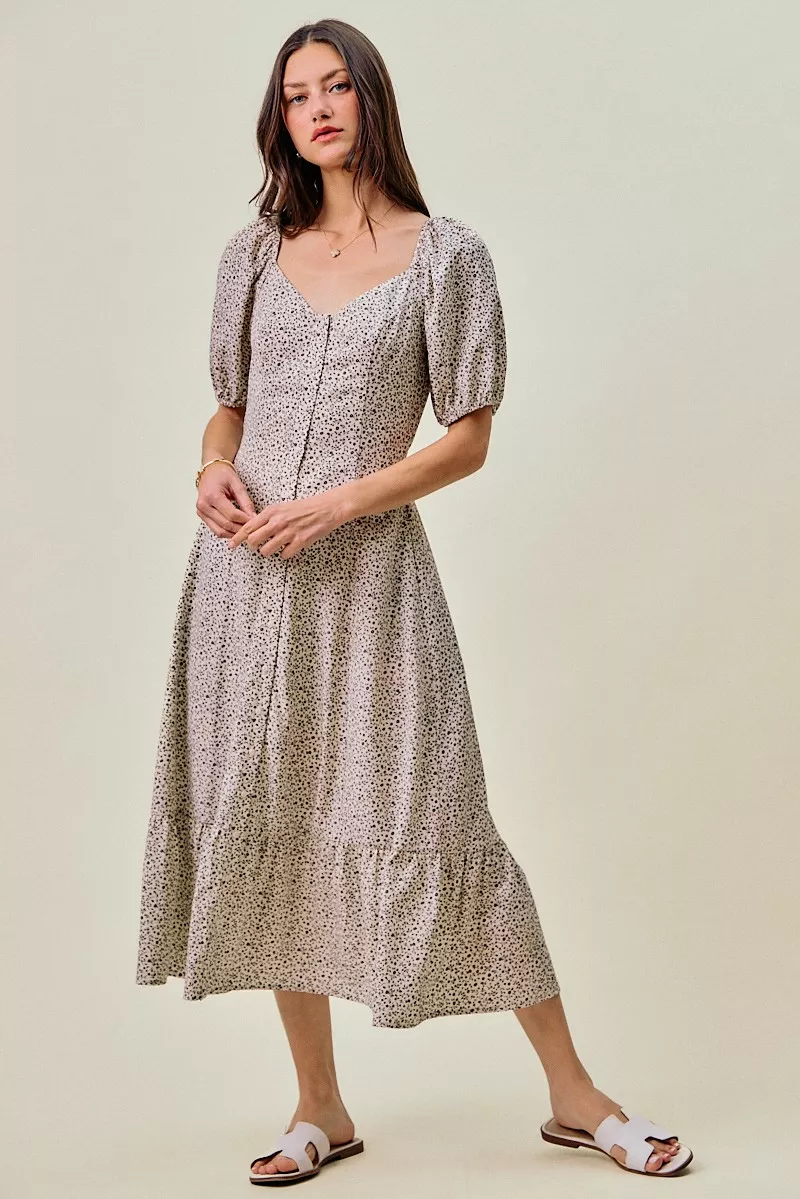 SO ME Ditsy Floral Self Belt On Elastic Waist Maxi Dress