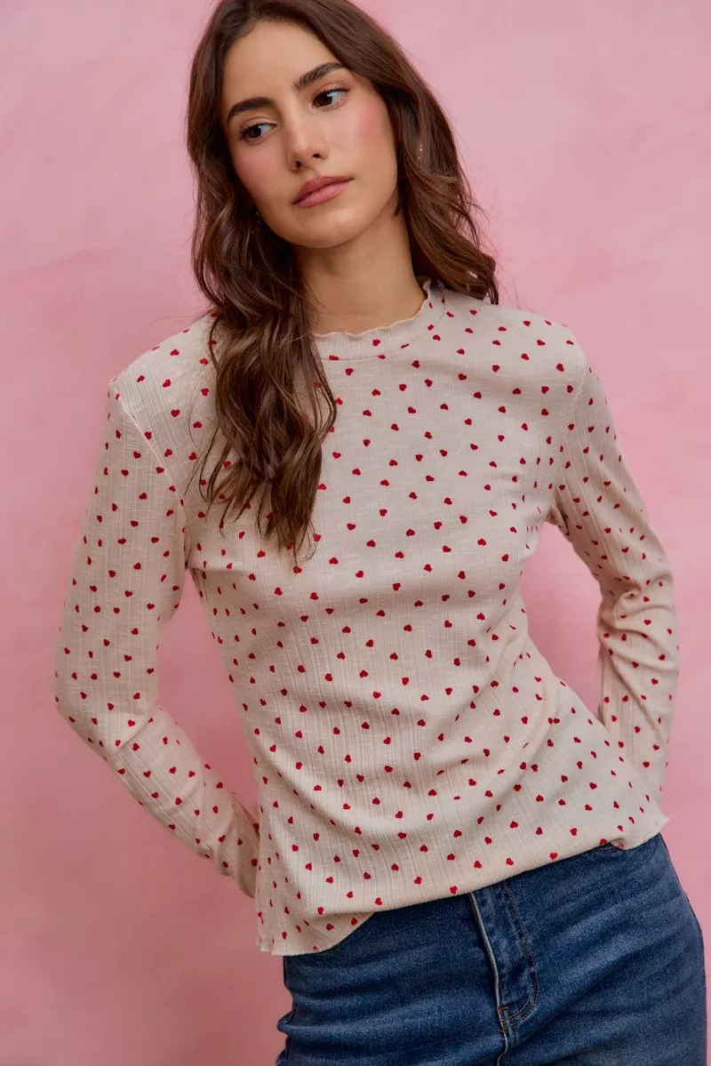 SO ME Ditsy Heart All Over Slub Rib Knit Valentine Top - Image 5