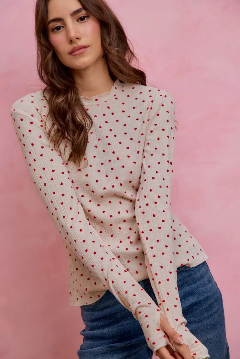 SO ME Ditsy Heart All Over Slub Rib Knit Valentine Top - Image 7