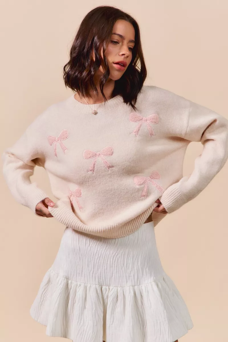 SO ME Embroidered Ribbon Round Neck Sweater - Image 10