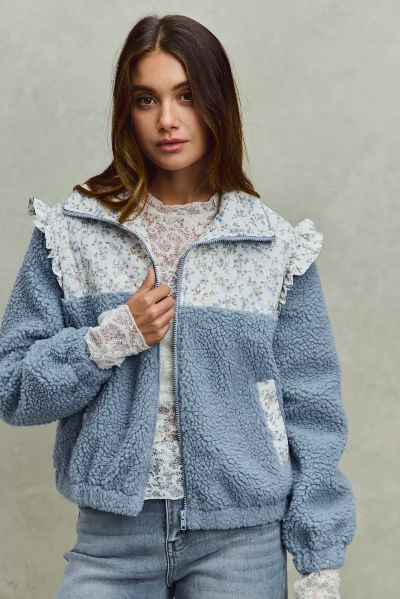 SO ME Faux Fur Sherpa Pull Jacket with Floral Contrast - Image 11