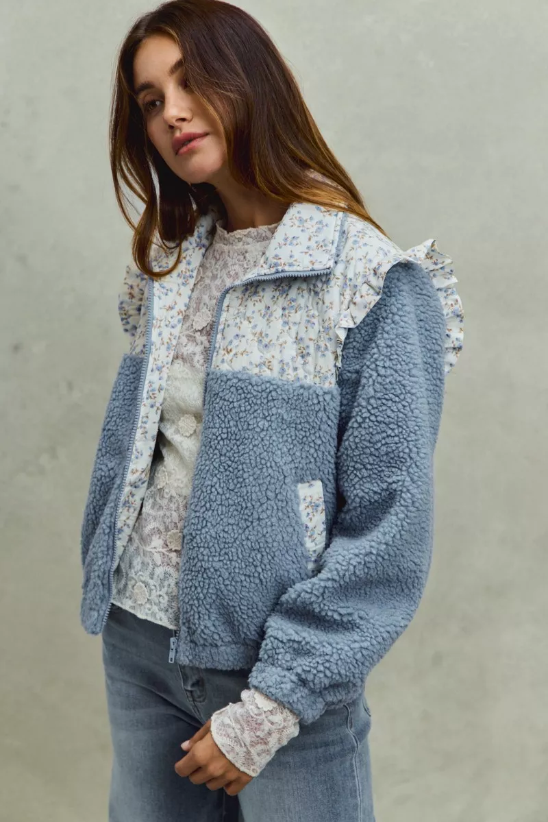 SO ME Faux Fur Sherpa Pull Jacket with Floral Contrast - Image 12