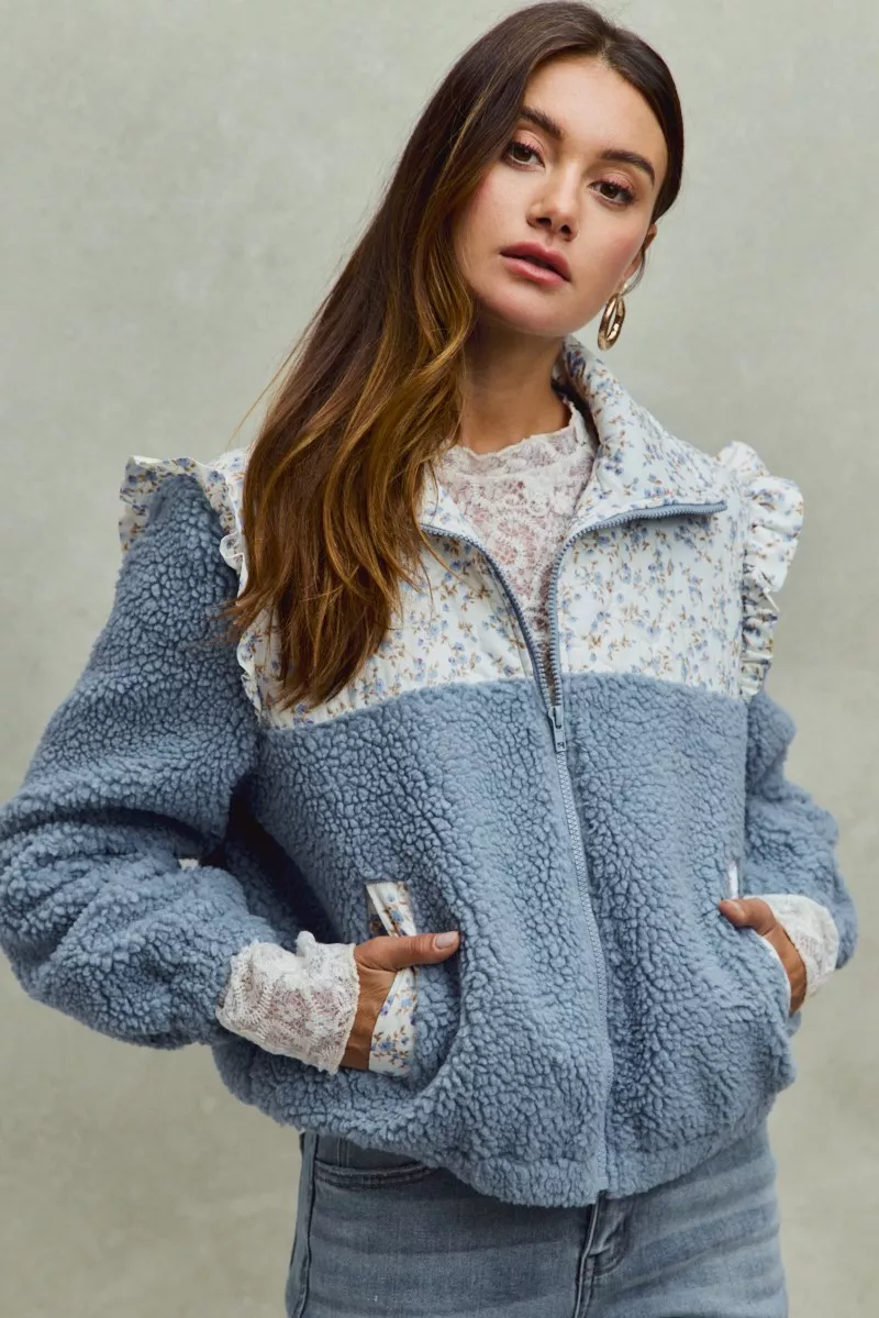 SO ME Faux Fur Sherpa Pull Jacket with Floral Contrast - Image 15