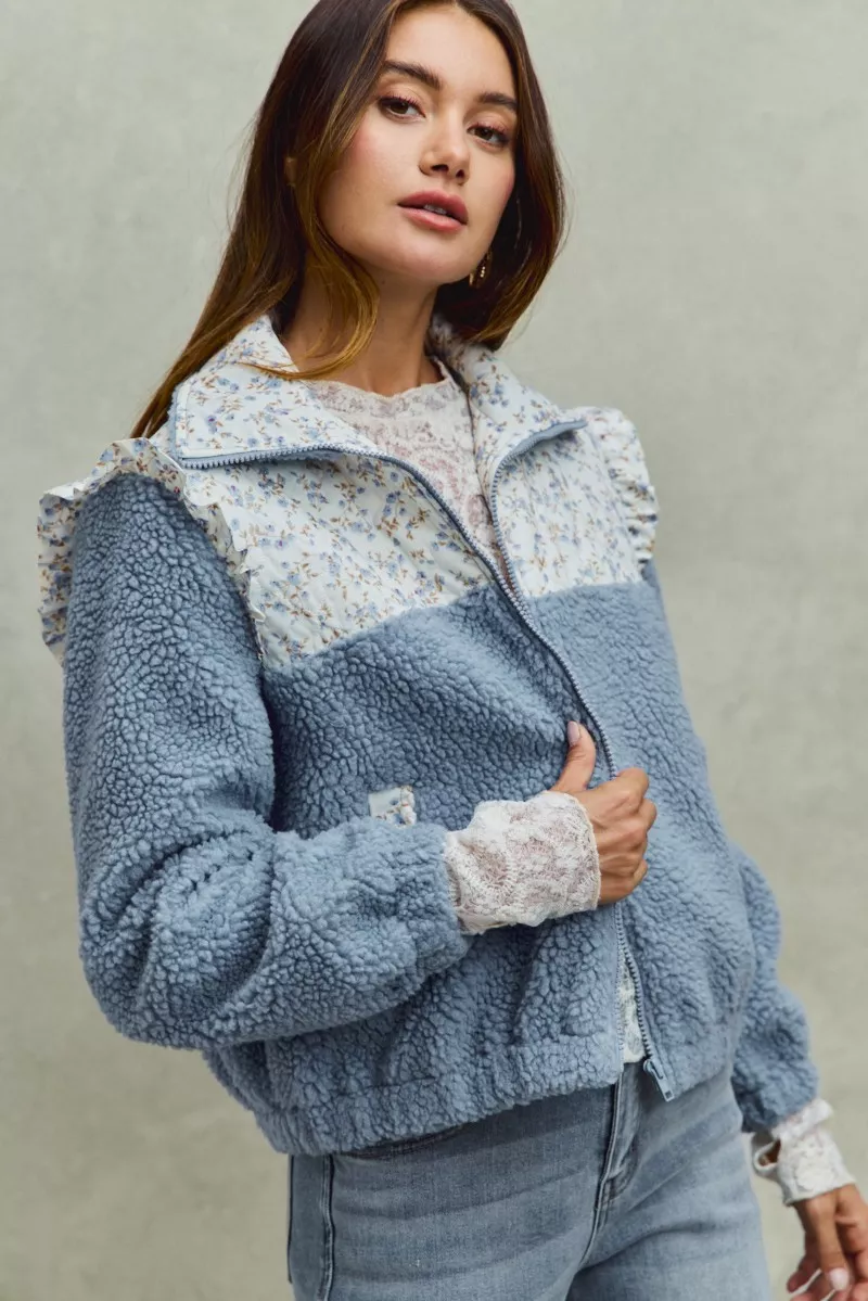 SO ME Faux Fur Sherpa Pull Jacket with Floral Contrast - Image 16