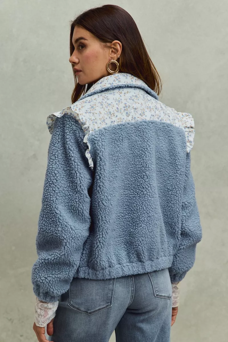 SO ME Faux Fur Sherpa Pull Jacket with Floral Contrast - Image 17