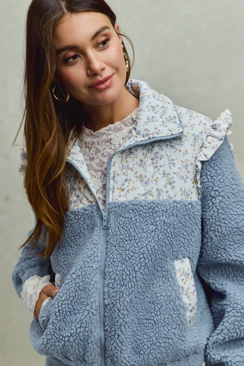 SO ME Faux Fur Sherpa Pull Jacket with Floral Contrast - Image 2