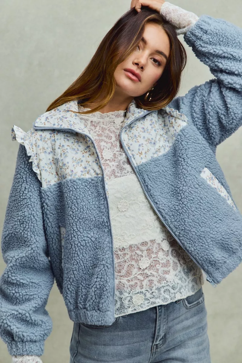 SO ME Faux Fur Sherpa Pull Jacket with Floral Contrast - Image 3
