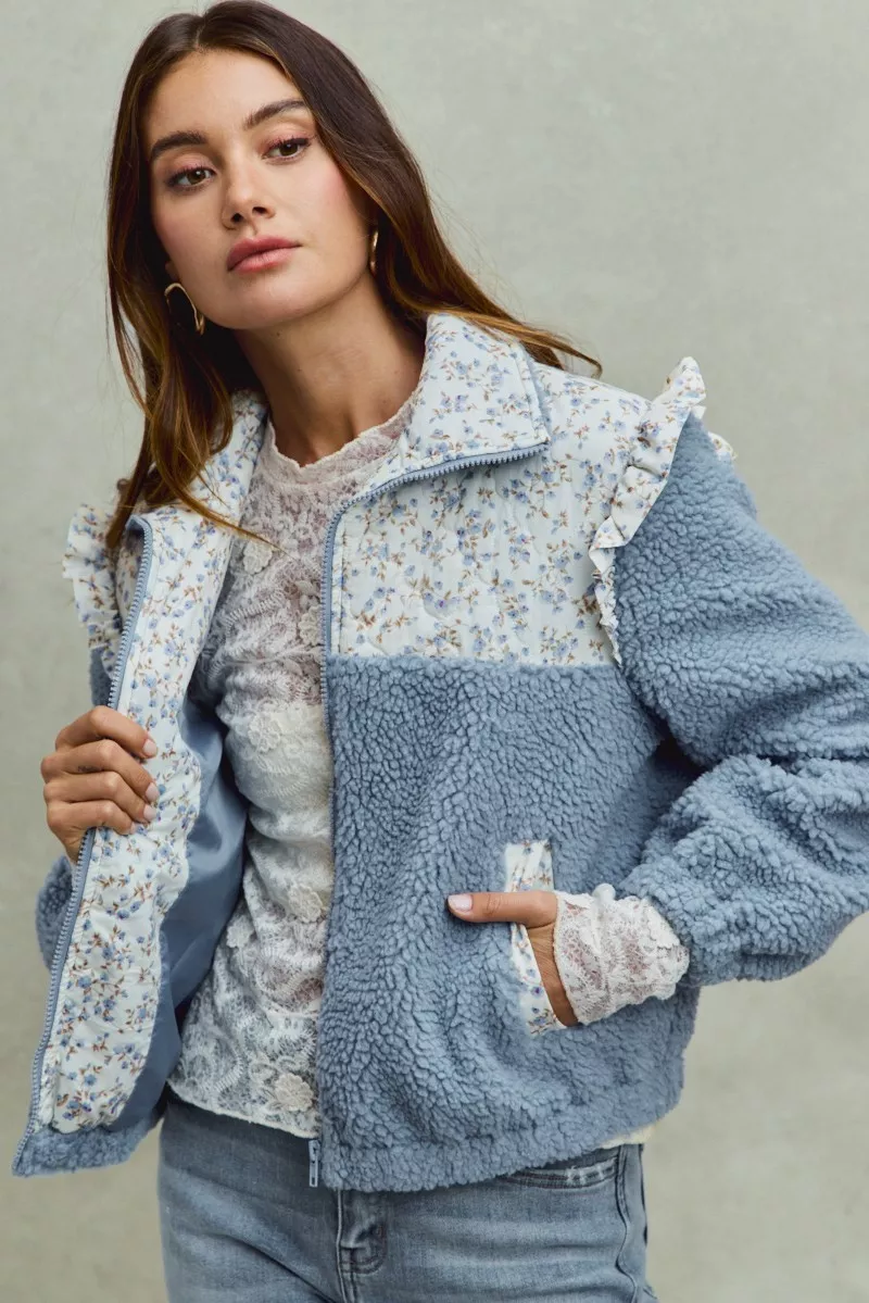 SO ME Faux Fur Sherpa Pull Jacket with Floral Contrast - Image 5