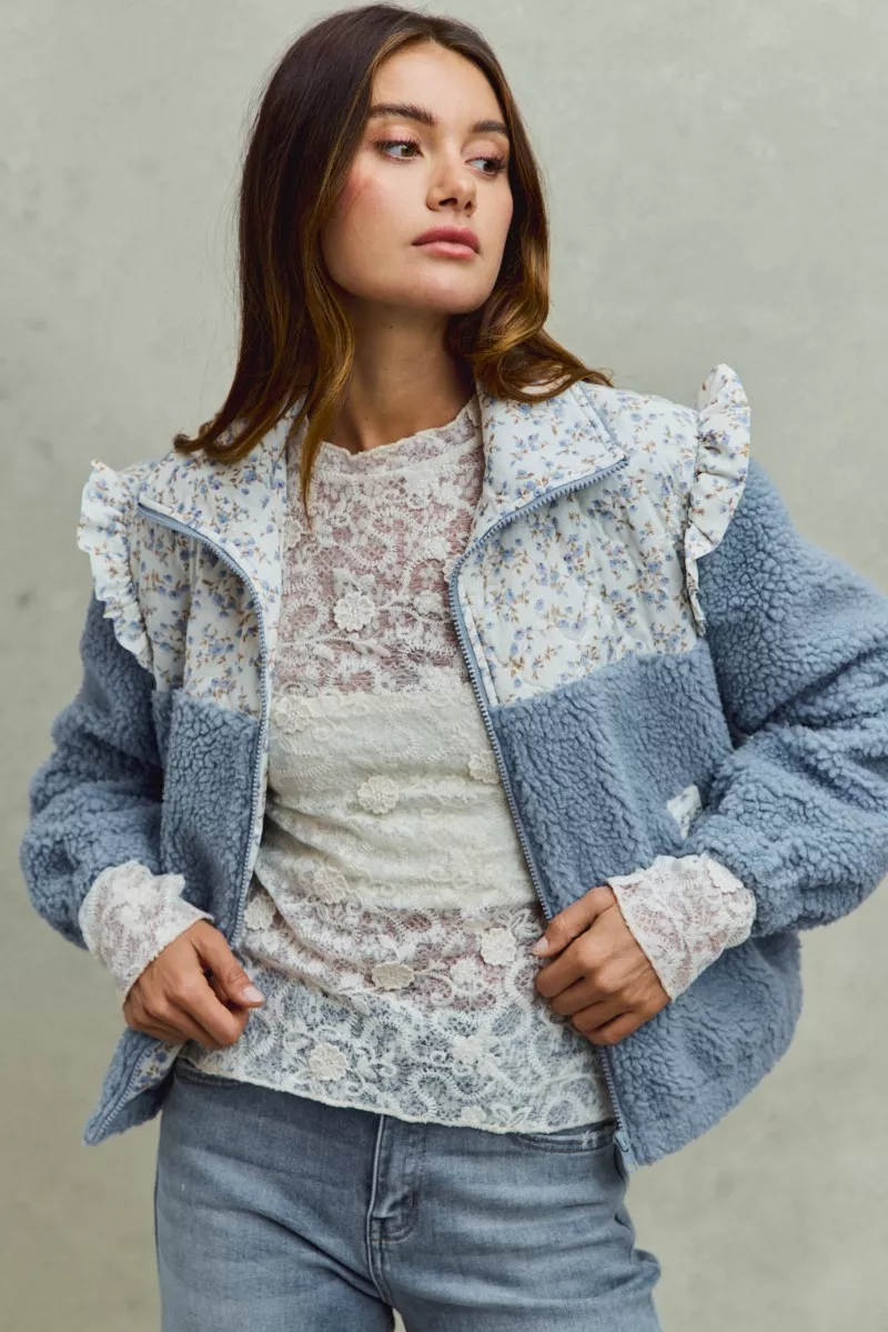SO ME Faux Fur Sherpa Pull Jacket with Floral Contrast - Image 6
