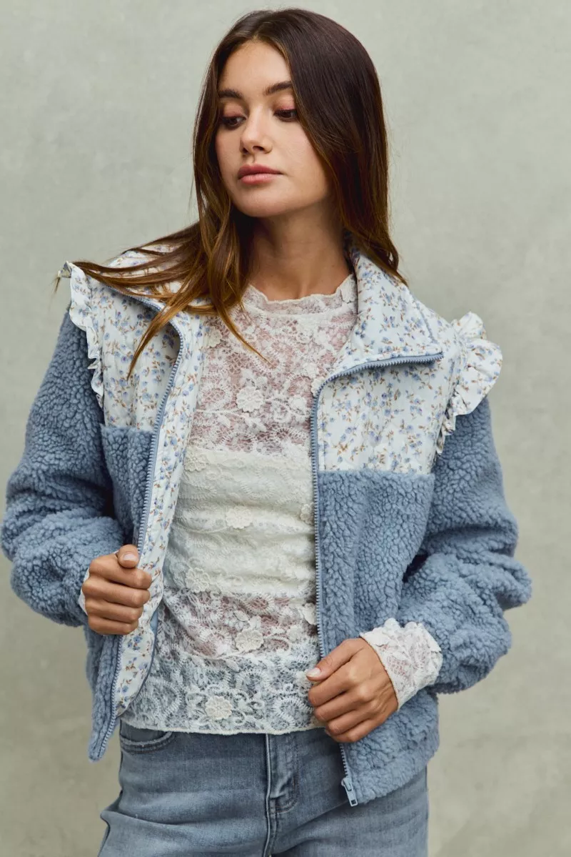 SO ME Faux Fur Sherpa Pull Jacket with Floral Contrast - Image 7