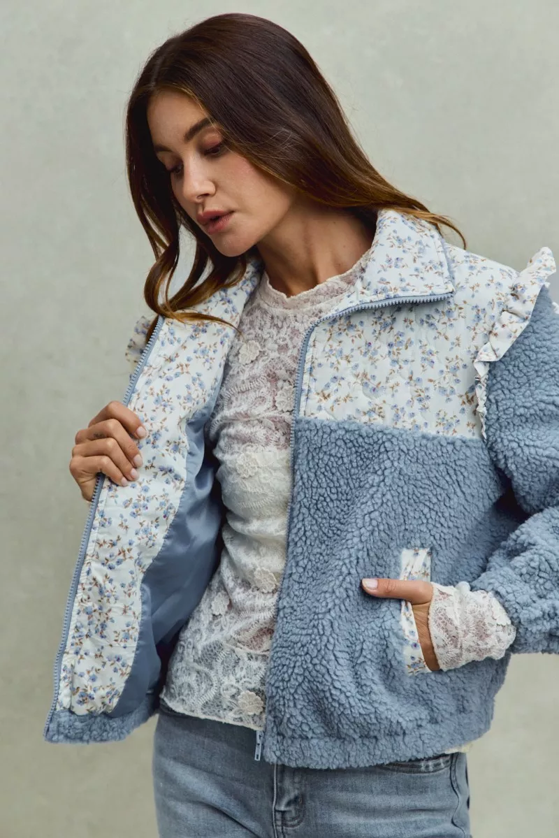 SO ME Faux Fur Sherpa Pull Jacket with Floral Contrast - Image 8
