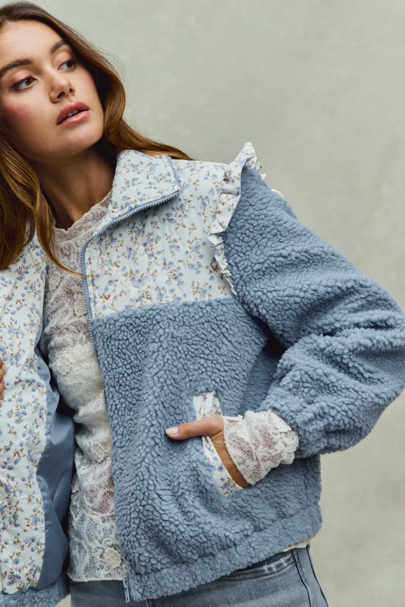 SO ME Faux Fur Sherpa Pull Jacket with Floral Contrast - Image 9