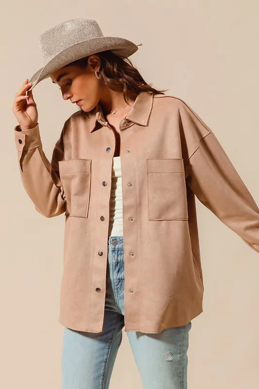 SO ME Faux Sued Snap Shacket with Collar and Pockets - Image 4