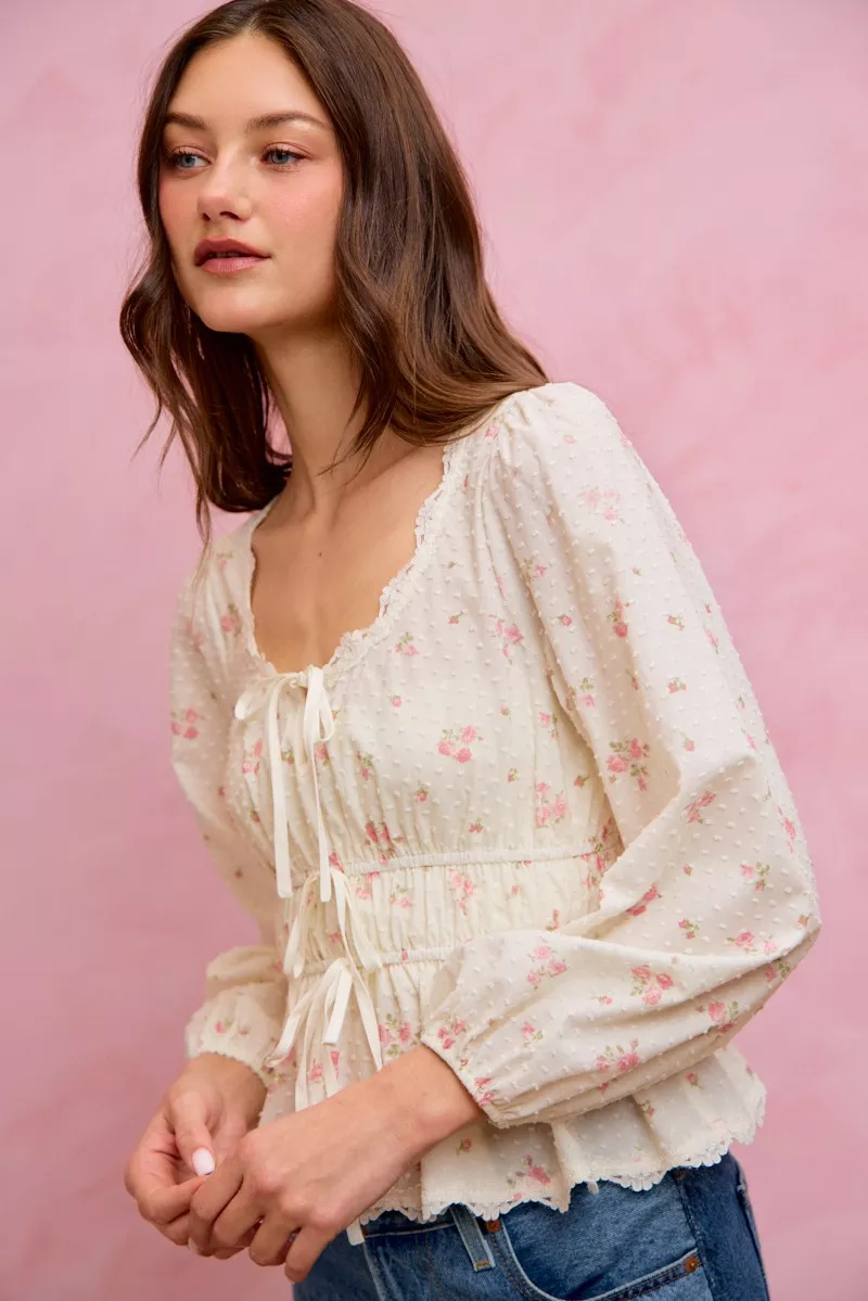 SO ME Floral Clip Dot Lace Trim Ruched Bodice Blouse - Image 17