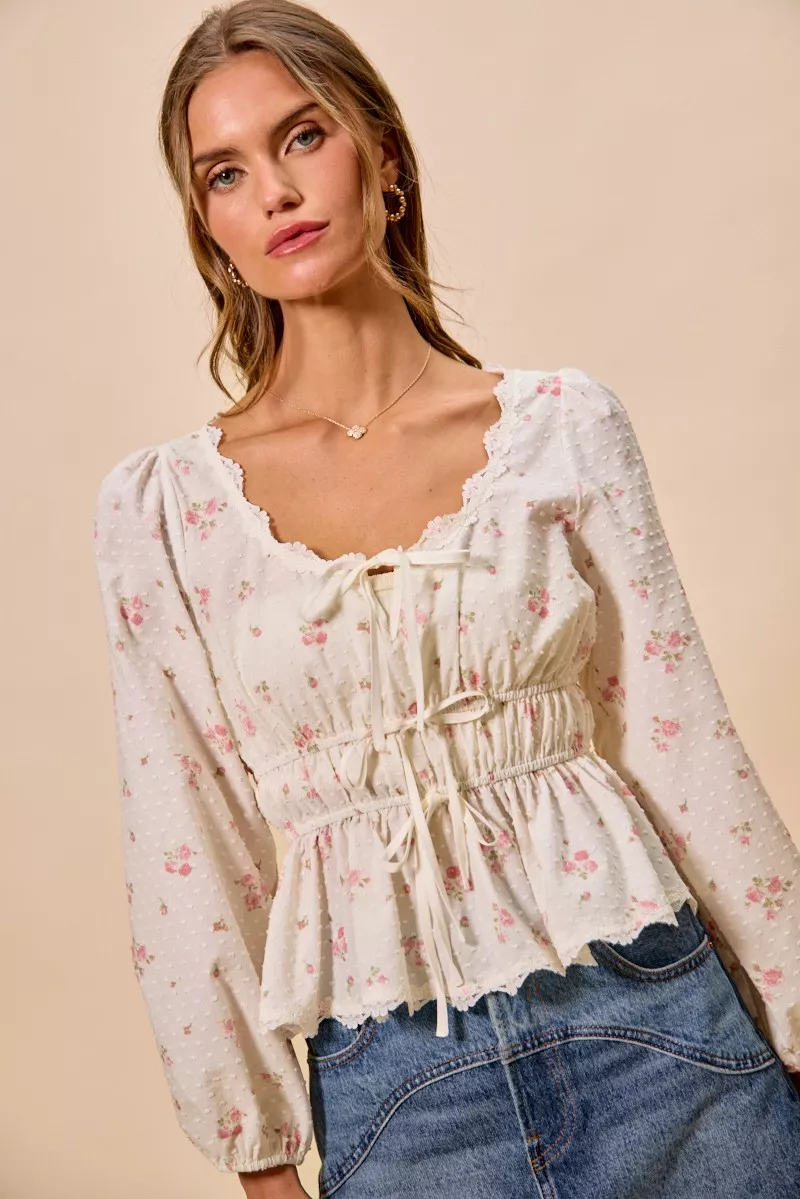 SO ME Floral Clip Dot Lace Trim Ruched Bodice Blouse - Image 6