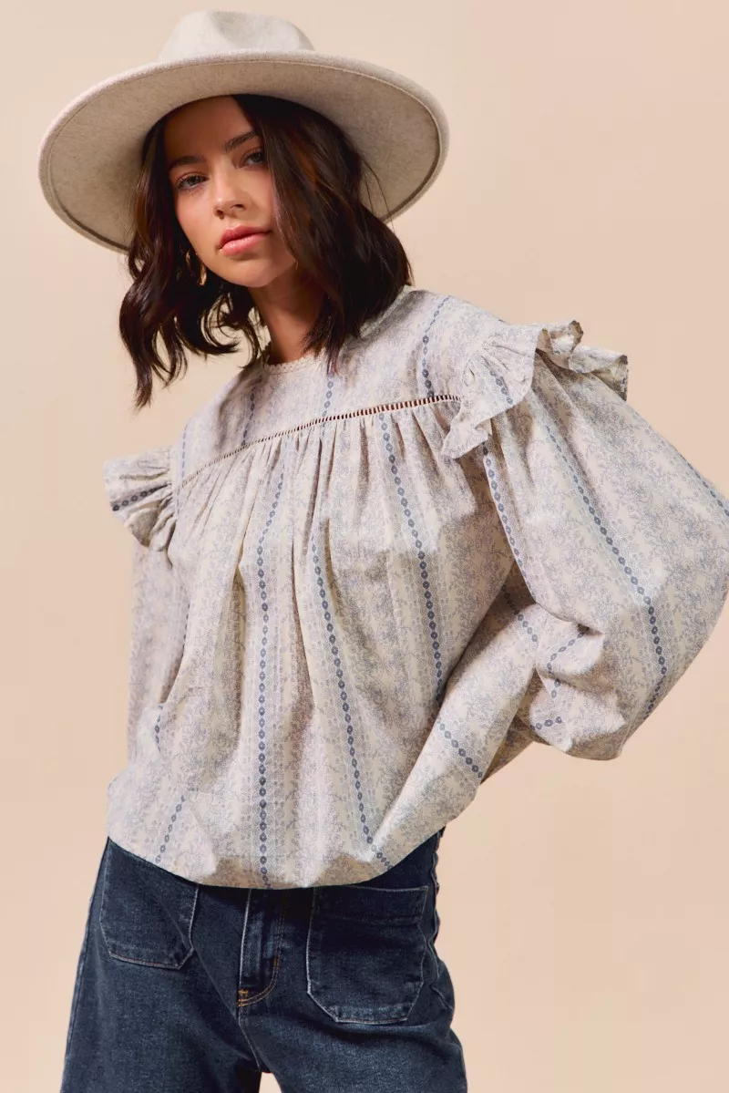 SO ME Floral Cotton Print Ruffled Long Sleeve Blouse - Image 12