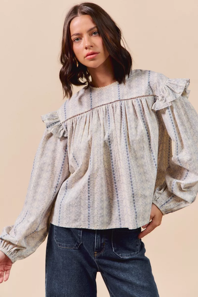 SO ME Floral Cotton Print Ruffled Long Sleeve Blouse - Image 13