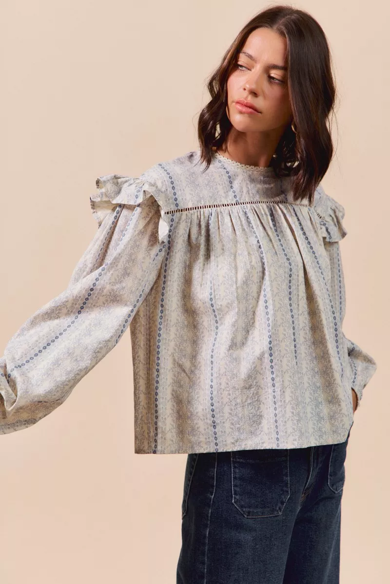 SO ME Floral Cotton Print Ruffled Long Sleeve Blouse - Image 3