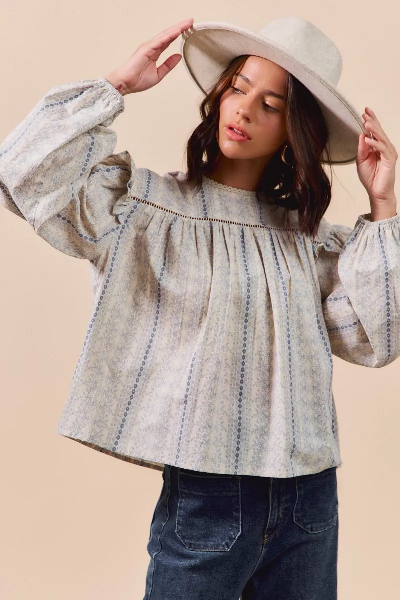 SO ME Floral Cotton Print Ruffled Long Sleeve Blouse - Image 9