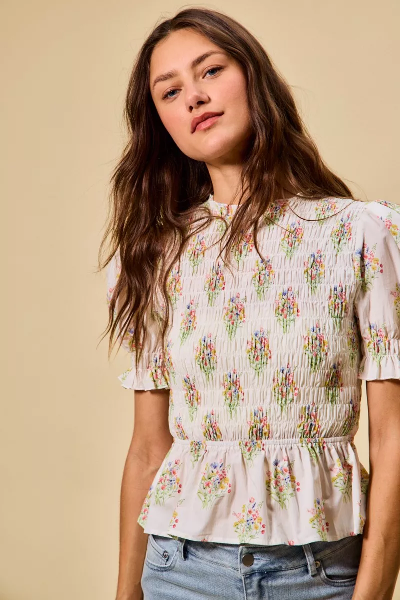 SO ME Floral Cotton Smocked Short Sleeves Blouse - Image 10