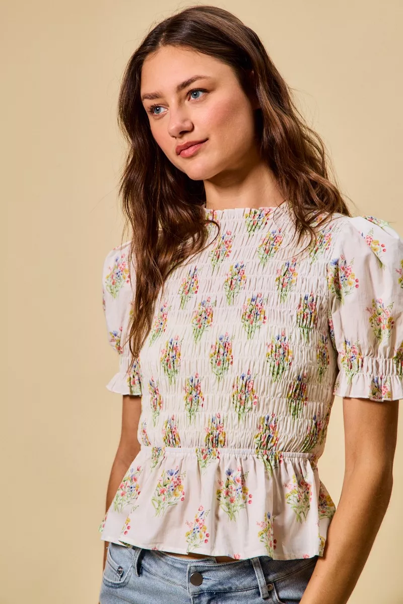 SO ME Floral Cotton Smocked Short Sleeves Blouse - Image 11