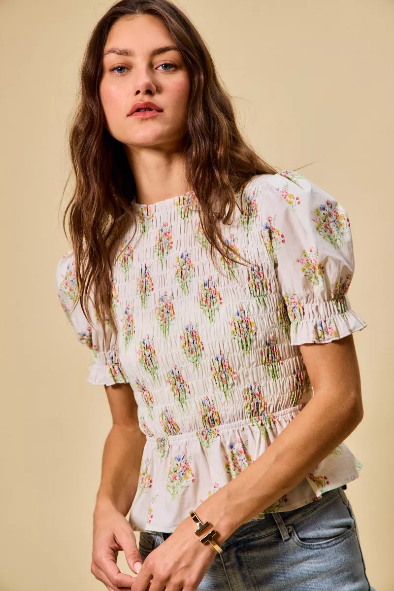 SO ME Floral Cotton Smocked Short Sleeves Blouse - Image 12